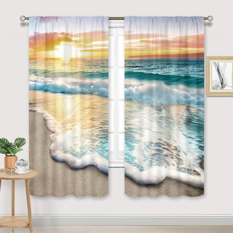 Cinbloo Beach Curtains 42Wx63L Inch Rod Pocket Tropical Curtains Coastal Nautical Hawaiian Scenery Bedroom Decor Ocean Landscape Seashore Scenic Sea Beachy Living Room Window Drapes Fabric 2 Panels - Image 2